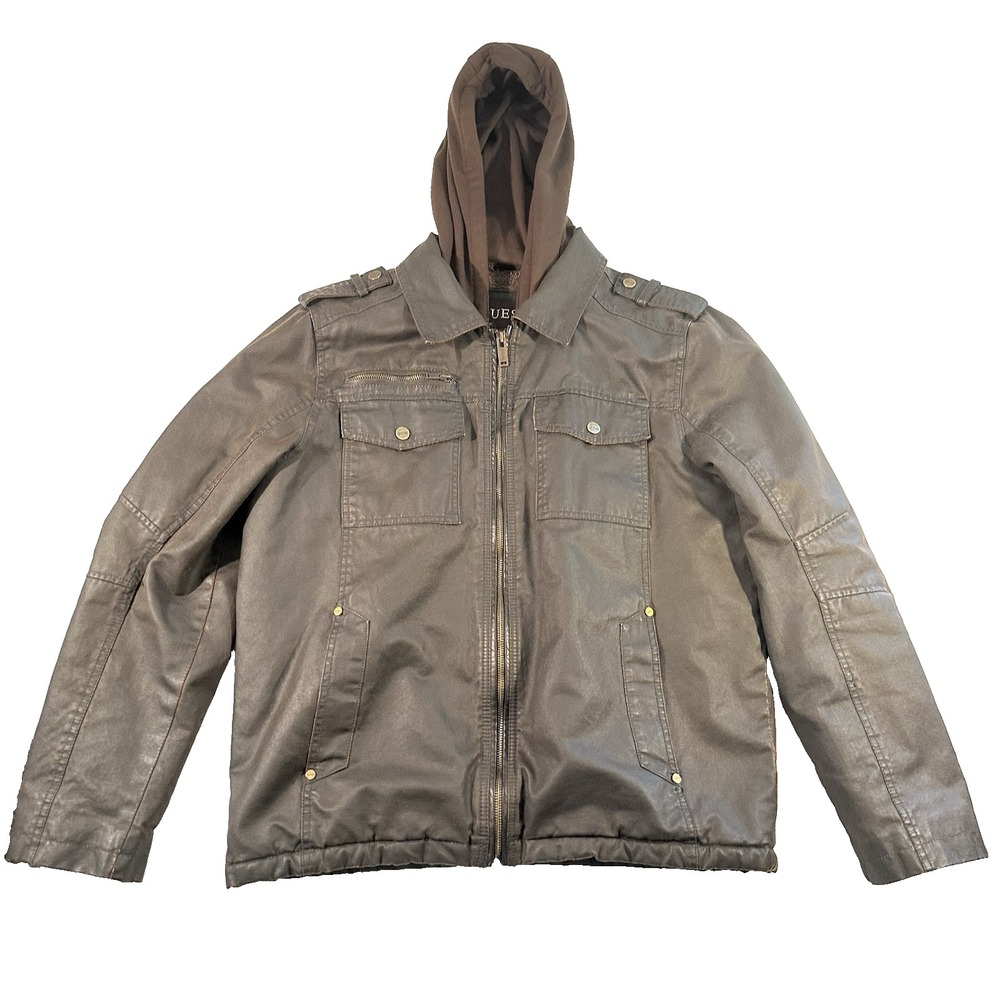 GUESS Men's M Distressed Brown‎ Faux Leather Hooded Faux Fur Lined Jacket